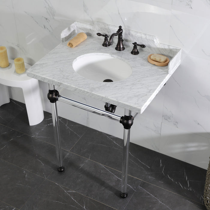 Pemberton LMS30MA5 30-Inch Carrara Marble Console Sink with Acrylic Legs (8-Inch, 3-Hole), Carrara Marble White/Oil Rubbed Bronze