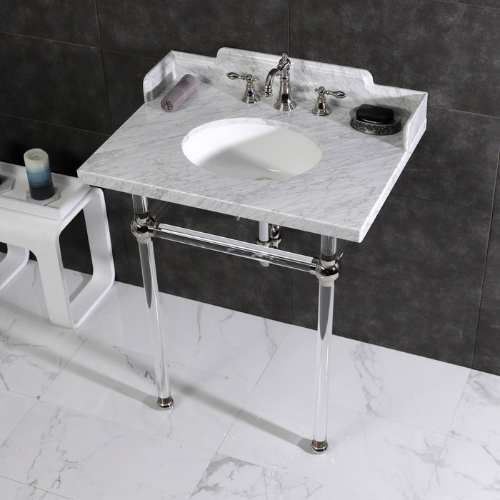 Pemberton LMS30MA6 30-Inch Carrara Marble Console Sink with Acrylic Legs (8-Inch, 3-Hole), Carrara Marble White/Polished Nickel