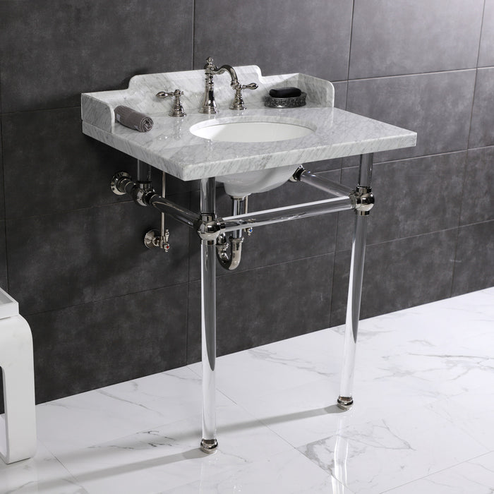 Pemberton LMS30MA6 30-Inch Carrara Marble Console Sink with Acrylic Legs (8-Inch, 3-Hole), Carrara Marble White/Polished Nickel