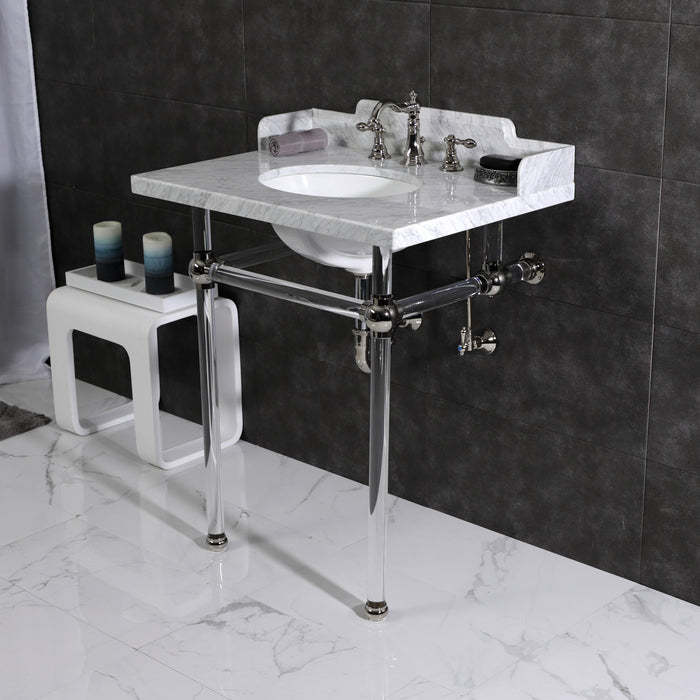 Pemberton LMS30MA6 30-Inch Carrara Marble Console Sink with Acrylic Legs (8-Inch, 3-Hole), Carrara Marble White/Polished Nickel