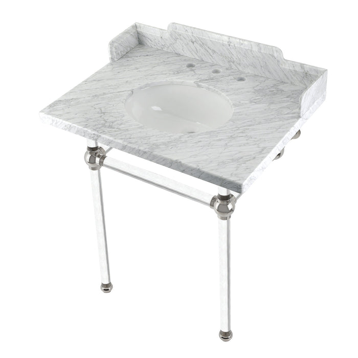 Pemberton LMS30MA6 30-Inch Carrara Marble Console Sink with Acrylic Legs (8-Inch, 3-Hole), Carrara Marble White/Polished Nickel