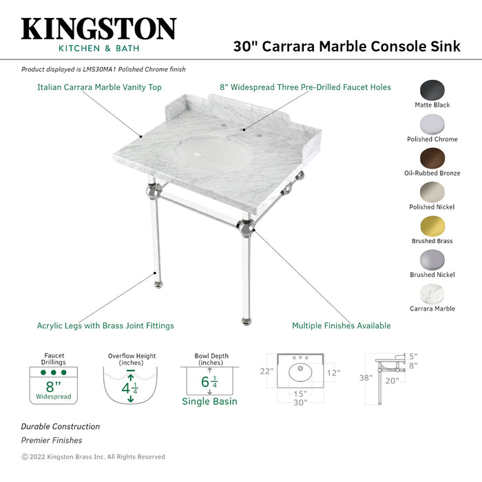 Kingston Tulare LMS30MA7 - Pemberton 30-Inch Carrara Marble Console Sink with Acrylic Legs (8-Inch, 3-Hole), Carrara Marble White/Brushed Brass