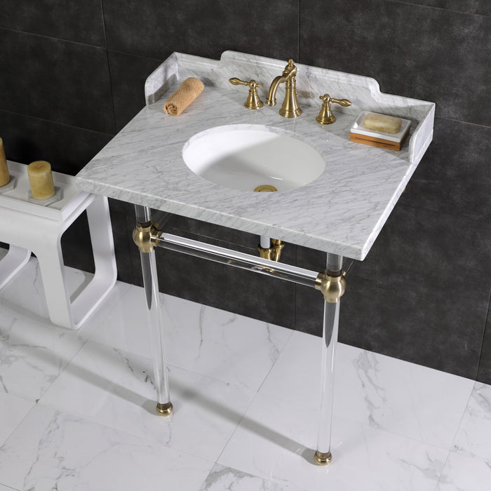 Kingston Tulare LMS30MA7 - Pemberton 30-Inch Carrara Marble Console Sink with Acrylic Legs (8-Inch, 3-Hole), Carrara Marble White/Brushed Brass