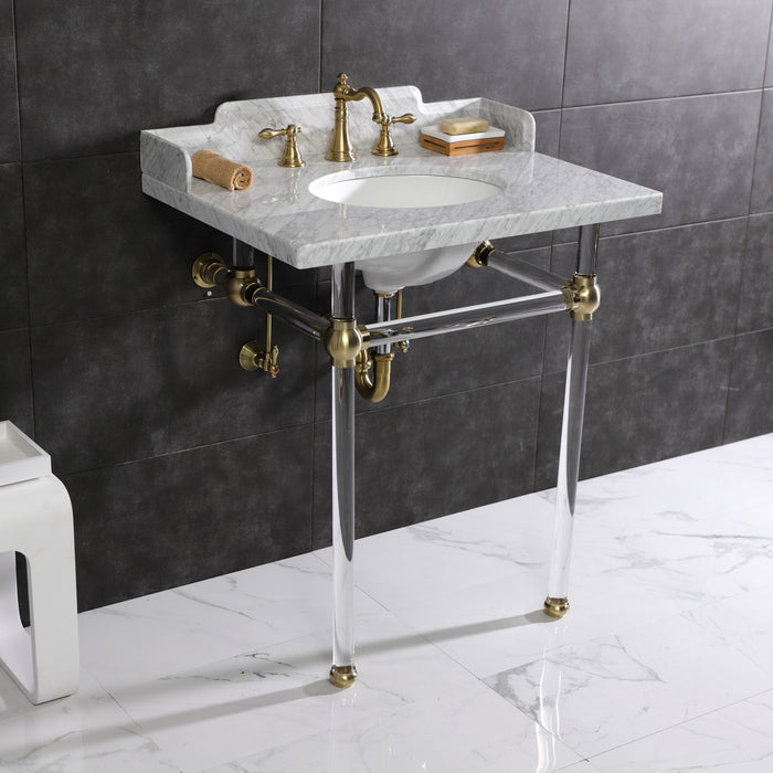 Kingston Tulare LMS30MA7 - Pemberton 30-Inch Carrara Marble Console Sink with Acrylic Legs (8-Inch, 3-Hole), Carrara Marble White/Brushed Brass