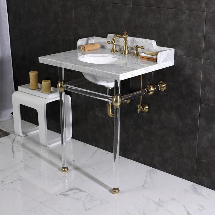 Kingston Tulare LMS30MA7 - Pemberton 30-Inch Carrara Marble Console Sink with Acrylic Legs (8-Inch, 3-Hole), Carrara Marble White/Brushed Brass
