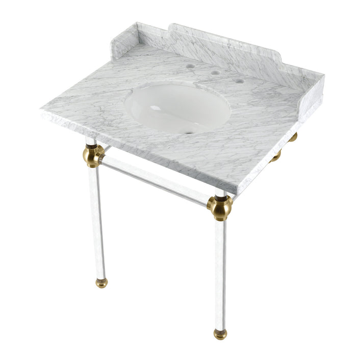 Kingston Tulare LMS30MA7 - Pemberton 30-Inch Carrara Marble Console Sink with Acrylic Legs (8-Inch, 3-Hole), Carrara Marble White/Brushed Brass