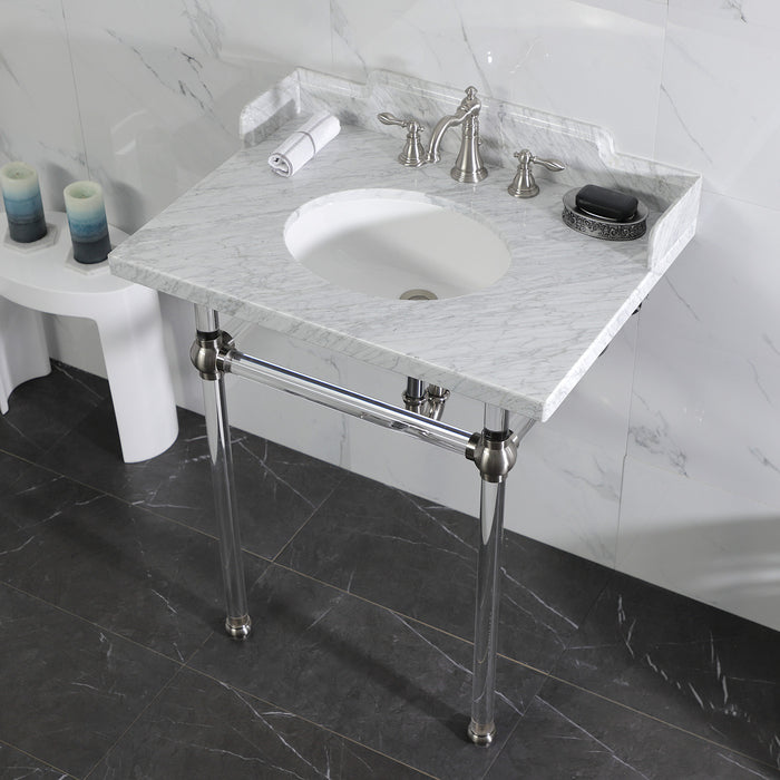 Kingston Tulare LMS30MA8 - Pemberton 30-Inch Carrara Marble Console Sink with Acrylic Legs (8-Inch, 3-Hole), Carrara Marble White/Brushed Nickel