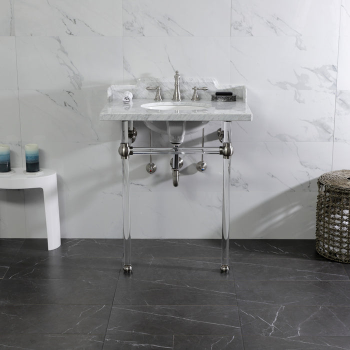 Kingston Tulare LMS30MA8 - Pemberton 30-Inch Carrara Marble Console Sink with Acrylic Legs (8-Inch, 3-Hole), Carrara Marble White/Brushed Nickel