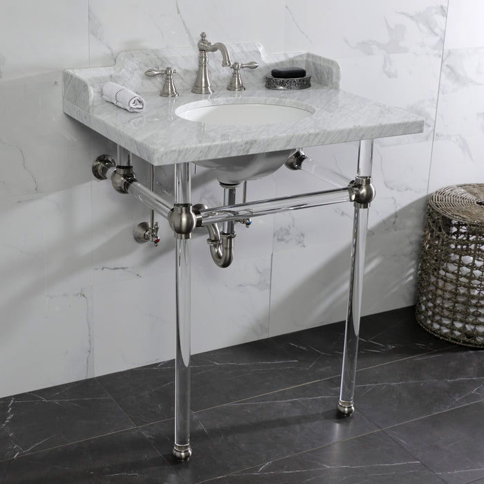 Kingston Tulare LMS30MA8 - Pemberton 30-Inch Carrara Marble Console Sink with Acrylic Legs (8-Inch, 3-Hole), Carrara Marble White/Brushed Nickel