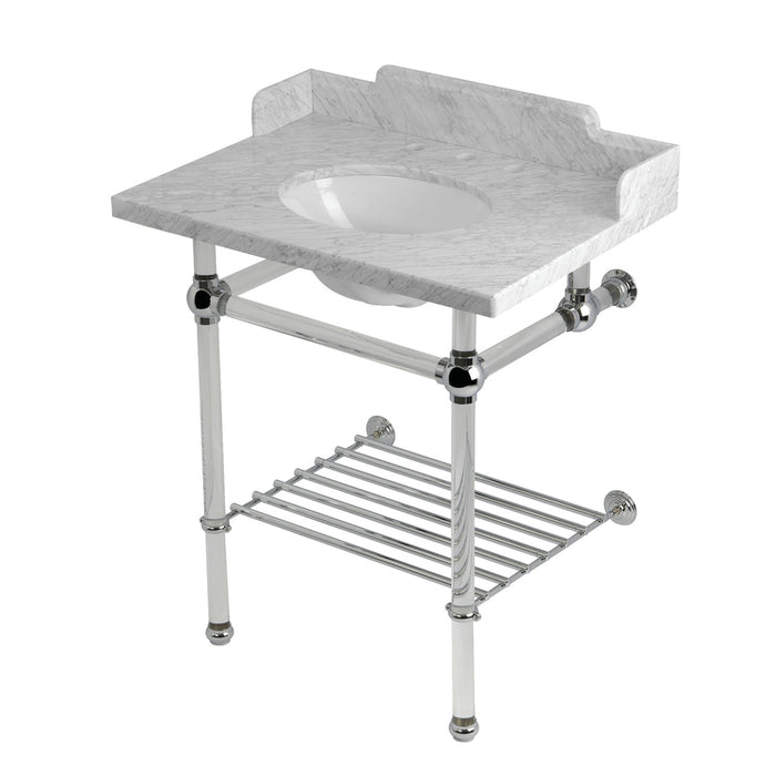 Kingston Tulare LMS30MAB1 - Pemberton 30-Inch Carrara Marble Console Sink with Acrylic Legs and Shelf (8-Inch, 3-Hole), Carrara Marble White/Polished Chrome
