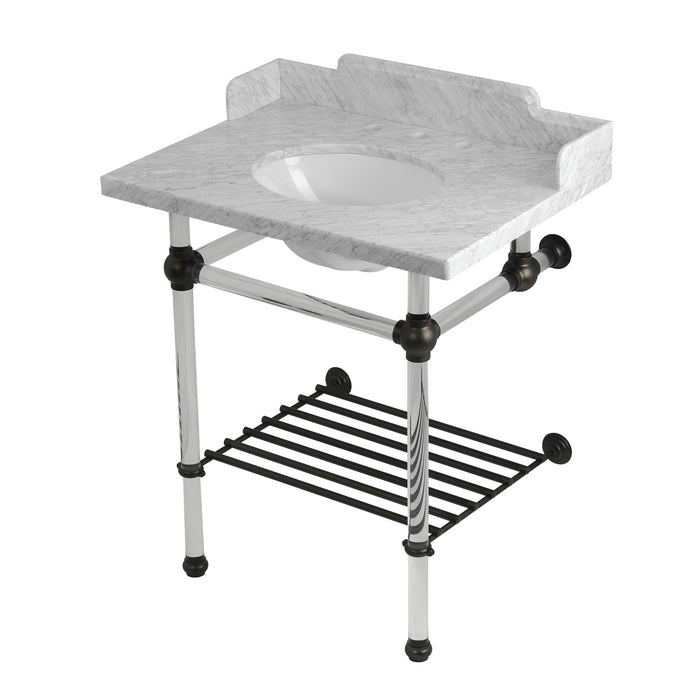 Kingston Tulare LMS30MAB5 - Pemberton 30-Inch Carrara Marble Console Sink with Acrylic Legs and Shelf (8-Inch, 3-Hole), Carrara Marble White/Oil Rubbed Bronze