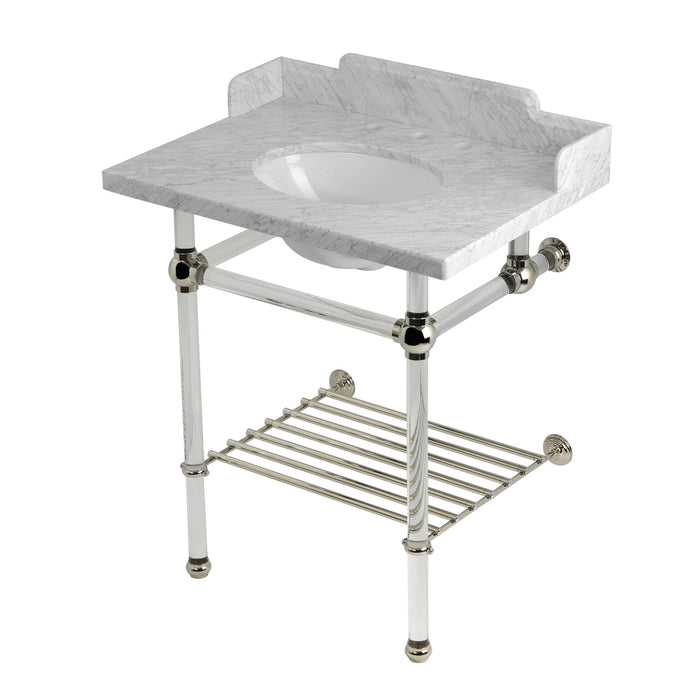 Kingston Tulare LMS30MAB6 - Pemberton 30-Inch Carrara Marble Console Sink with Acrylic Legs and Shelf (8-Inch, 3-Hole), Carrara Marble White/Polished Nickel