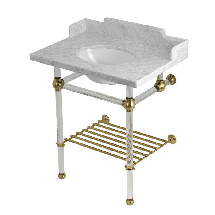 Kingston Tulare LMS30MAB7 - Pemberton 30-Inch Carrara Marble Console Sink with Acrylic Legs and Shelf (8-Inch, 3-Hole), Carrara Marble White/Brushed Brass