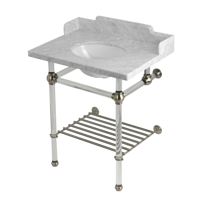 Kingston Tulare LMS30MAB8 - Pemberton 30-Inch Carrara Marble Console Sink with Acrylic Legs and Shelf (8-Inch, 3-Hole), Carrara Marble White/Brushed Nickel