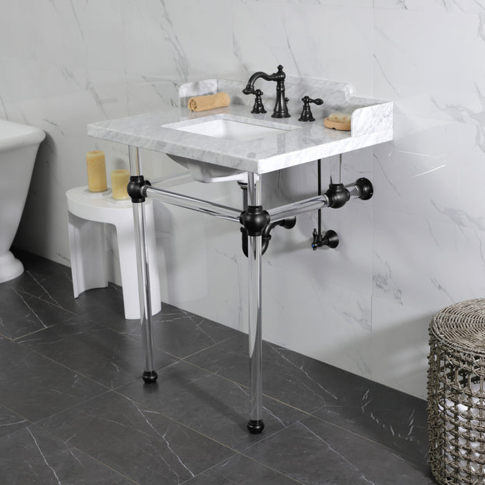 Kingston Tulare LMS30MASQ0 - Pemberton 30-Inch Carrara Marble Console Sink with Acrylic Legs (8-Inch, 3-Hole), Carrara Marble White/Matte Black