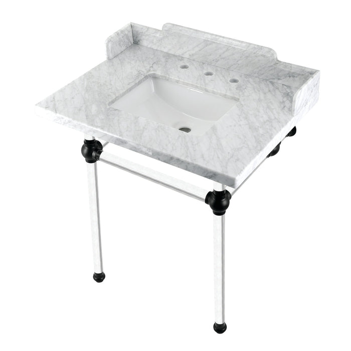 Kingston Tulare LMS30MASQ0 - Pemberton 30-Inch Carrara Marble Console Sink with Acrylic Legs (8-Inch, 3-Hole), Carrara Marble White/Matte Black