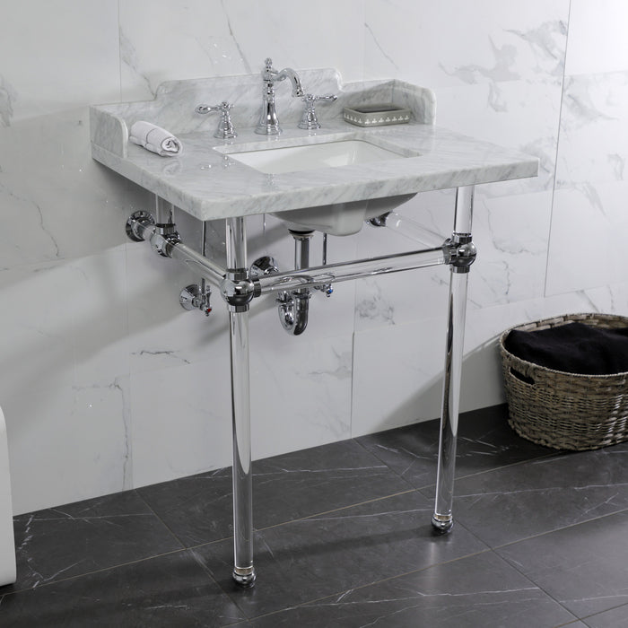 Pemberton LMS30MASQ1 30-Inch Carrara Marble Console Sink with Acrylic Legs (8-Inch, 3-Hole), Carrara Marble White/Polished Chrome