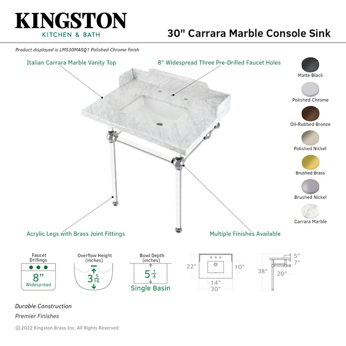 Kingston Tulare LMS30MASQ5 - Pemberton 30-Inch Carrara Marble Console Sink with Acrylic Legs (8-Inch, 3-Hole), Carrara Marble White/Oil Rubbed Bronze