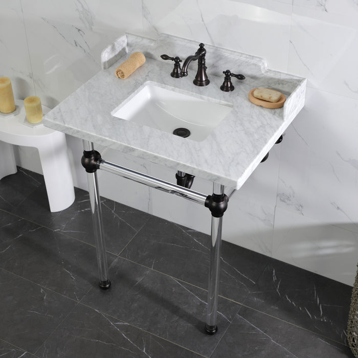 Kingston Tulare LMS30MASQ5 - Pemberton 30-Inch Carrara Marble Console Sink with Acrylic Legs (8-Inch, 3-Hole), Carrara Marble White/Oil Rubbed Bronze