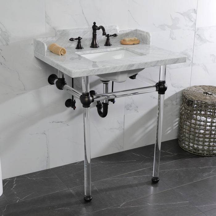 Kingston Tulare LMS30MASQ5 - Pemberton 30-Inch Carrara Marble Console Sink with Acrylic Legs (8-Inch, 3-Hole), Carrara Marble White/Oil Rubbed Bronze