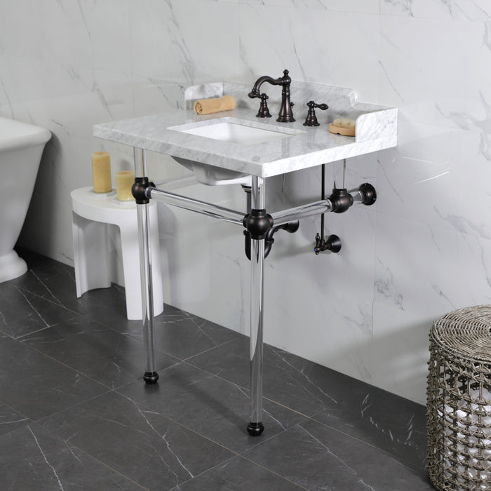 Kingston Tulare LMS30MASQ5 - Pemberton 30-Inch Carrara Marble Console Sink with Acrylic Legs (8-Inch, 3-Hole), Carrara Marble White/Oil Rubbed Bronze