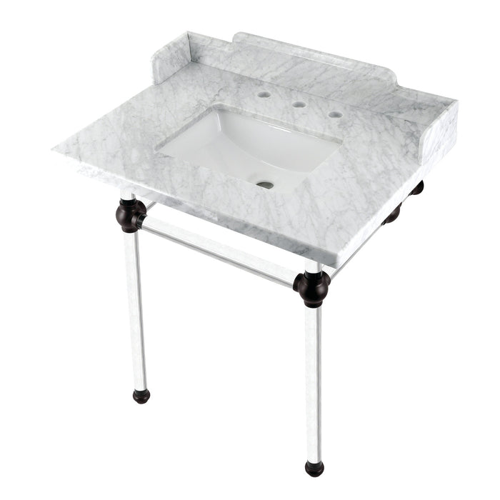 Kingston Tulare LMS30MASQ5 - Pemberton 30-Inch Carrara Marble Console Sink with Acrylic Legs (8-Inch, 3-Hole), Carrara Marble White/Oil Rubbed Bronze