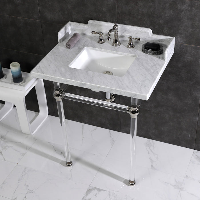 Kingston Tulare LMS30MASQ6 - Pemberton 30-Inch Carrara Marble Console Sink with Acrylic Legs (8-Inch, 3-Hole), Carrara Marble White/Polished Nickel