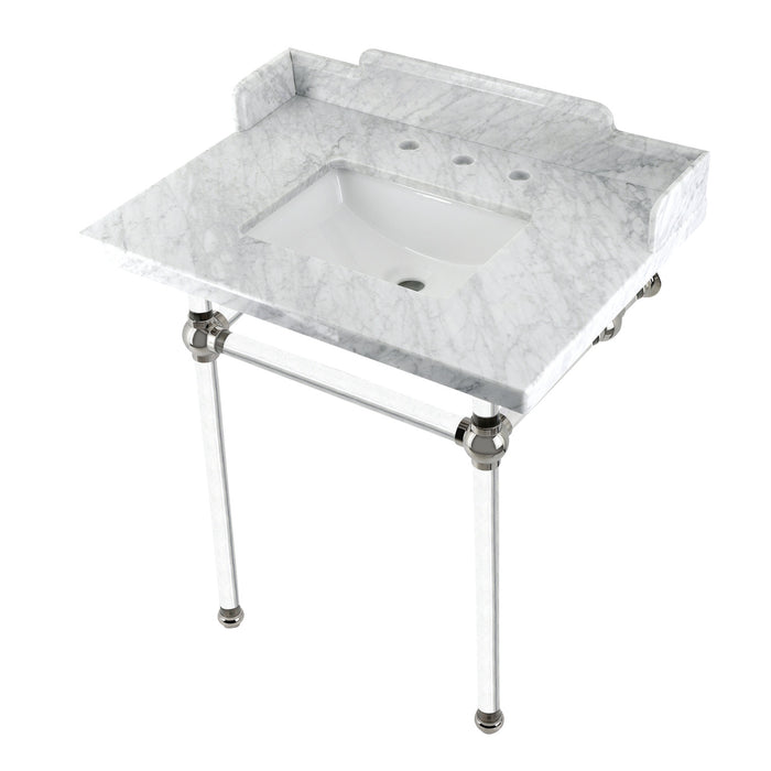 Kingston Tulare LMS30MASQ6 - Pemberton 30-Inch Carrara Marble Console Sink with Acrylic Legs (8-Inch, 3-Hole), Carrara Marble White/Polished Nickel