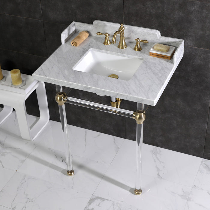 Pemberton LMS30MASQ7 30-Inch Carrara Marble Console Sink with Acrylic Legs (8-Inch, 3-Hole), Carrara Marble White/Brushed Brass