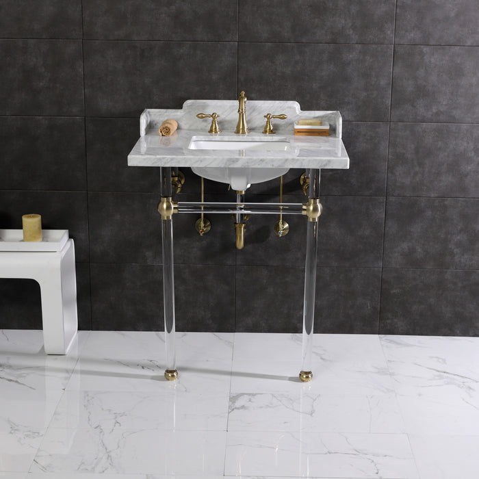 Pemberton LMS30MASQ7 30-Inch Carrara Marble Console Sink with Acrylic Legs (8-Inch, 3-Hole), Carrara Marble White/Brushed Brass