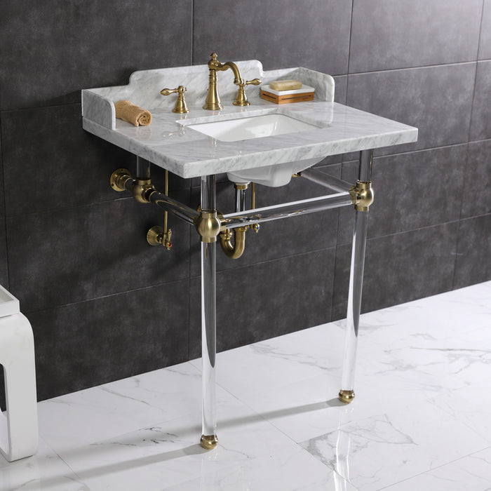 Pemberton LMS30MASQ7 30-Inch Carrara Marble Console Sink with Acrylic Legs (8-Inch, 3-Hole), Carrara Marble White/Brushed Brass