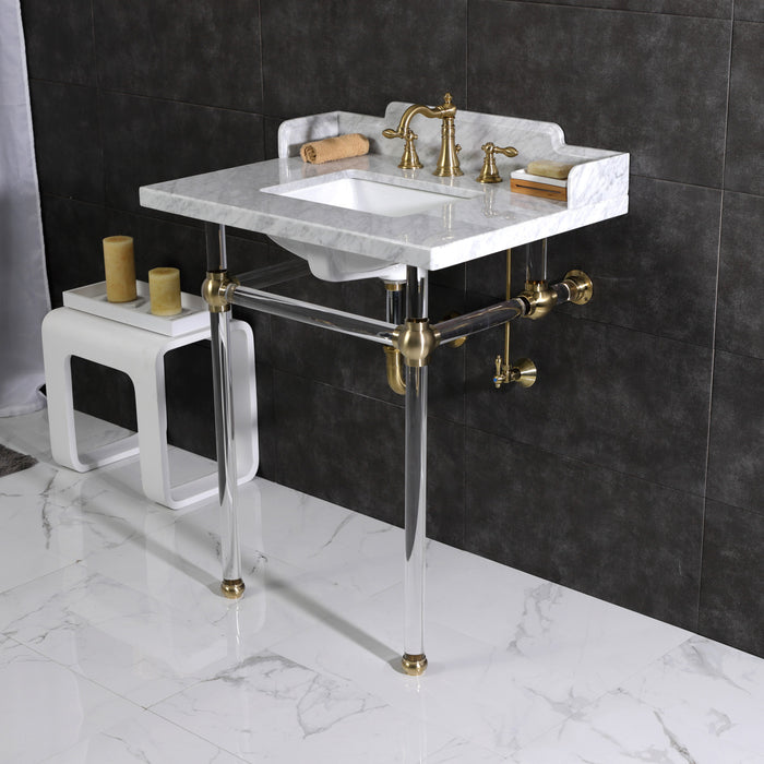 Pemberton LMS30MASQ7 30-Inch Carrara Marble Console Sink with Acrylic Legs (8-Inch, 3-Hole), Carrara Marble White/Brushed Brass