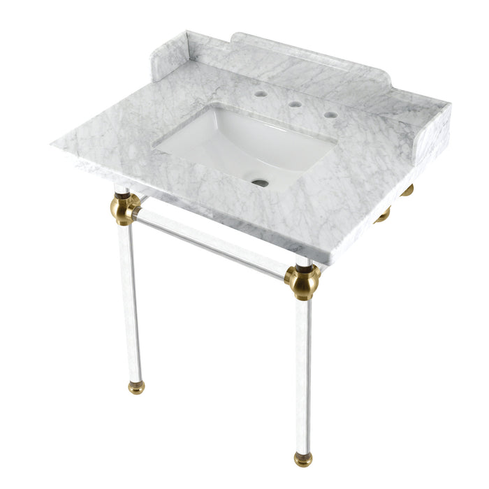 Pemberton LMS30MASQ7 30-Inch Carrara Marble Console Sink with Acrylic Legs (8-Inch, 3-Hole), Carrara Marble White/Brushed Brass
