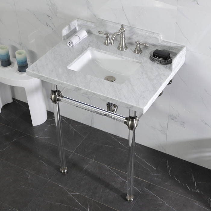 Pemberton LMS30MASQ8 30-Inch Carrara Marble Console Sink with Acrylic Legs (8-Inch, 3-Hole), Carrara Marble White/Brushed Nickel