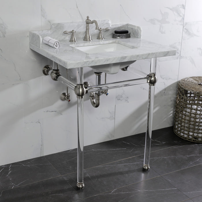 Pemberton LMS30MASQ8 30-Inch Carrara Marble Console Sink with Acrylic Legs (8-Inch, 3-Hole), Carrara Marble White/Brushed Nickel