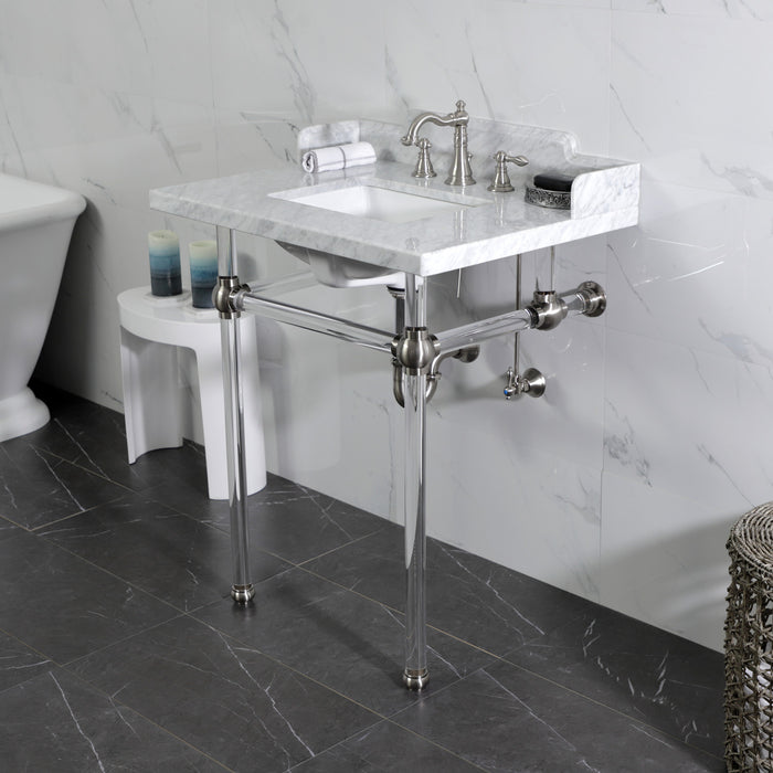 Pemberton LMS30MASQ8 30-Inch Carrara Marble Console Sink with Acrylic Legs (8-Inch, 3-Hole), Carrara Marble White/Brushed Nickel