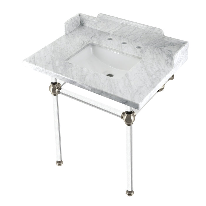 Pemberton LMS30MASQ8 30-Inch Carrara Marble Console Sink with Acrylic Legs (8-Inch, 3-Hole), Carrara Marble White/Brushed Nickel