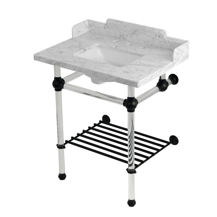 Kingston Tulare LMS30MASQB0 - Pemberton 30-Inch Carrara Marble Console Sink with Acrylic Legs and Shelf (8-Inch, 3-Hole), Carrara Marble White/Matte Black
