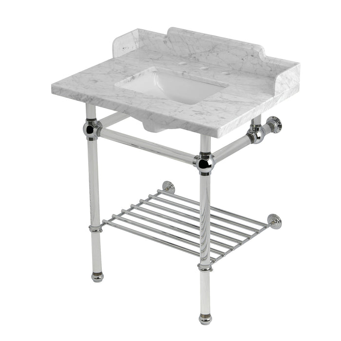 Kingston Tulare LMS30MASQB1 - Pemberton 30-Inch Carrara Marble Console Sink with Acrylic Legs and Shelf (8-Inch, 3-Hole), Carrara Marble White/Polished Chrome