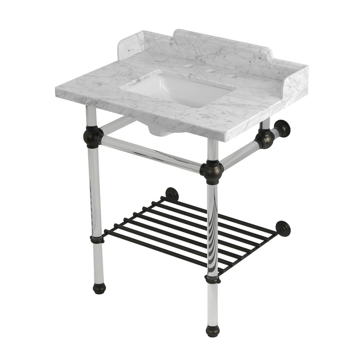 Kingston Tulare LMS30MASQB5 - Pemberton 30-Inch Carrara Marble Console Sink with Acrylic Legs and Shelf (8-Inch, 3-Hole), Carrara Marble White/Oil Rubbed Bronze