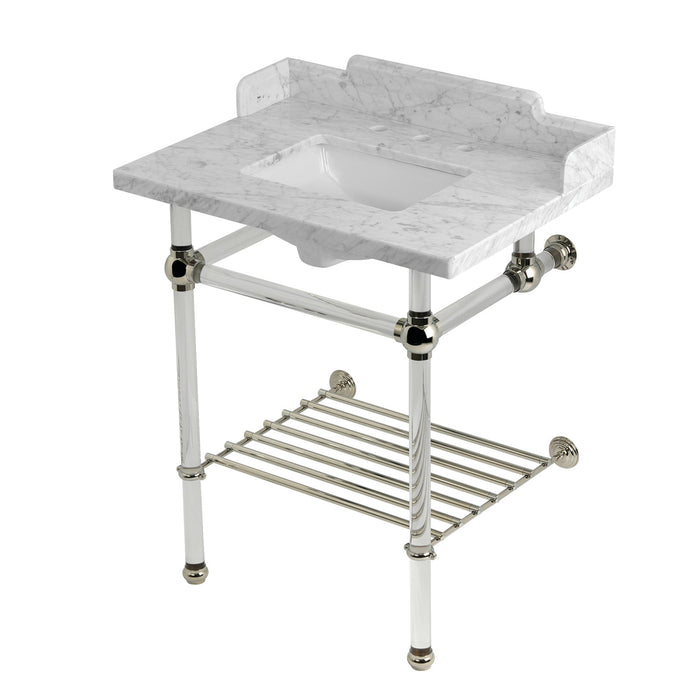 Kingston Tulare LMS30MASQB6 - Pemberton 30-Inch Carrara Marble Console Sink with Acrylic Legs and Shelf (8-Inch, 3-Hole), Carrara Marble White/Polished Nickel