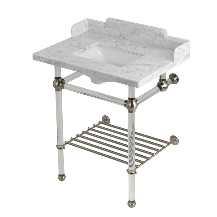 Kingston Tulare LMS30MASQB8 - Pemberton 30-Inch Carrara Marble Console Sink with Acrylic Legs and Shelf (8-Inch, 3-Hole), Carrara Marble White/Brushed Nickel