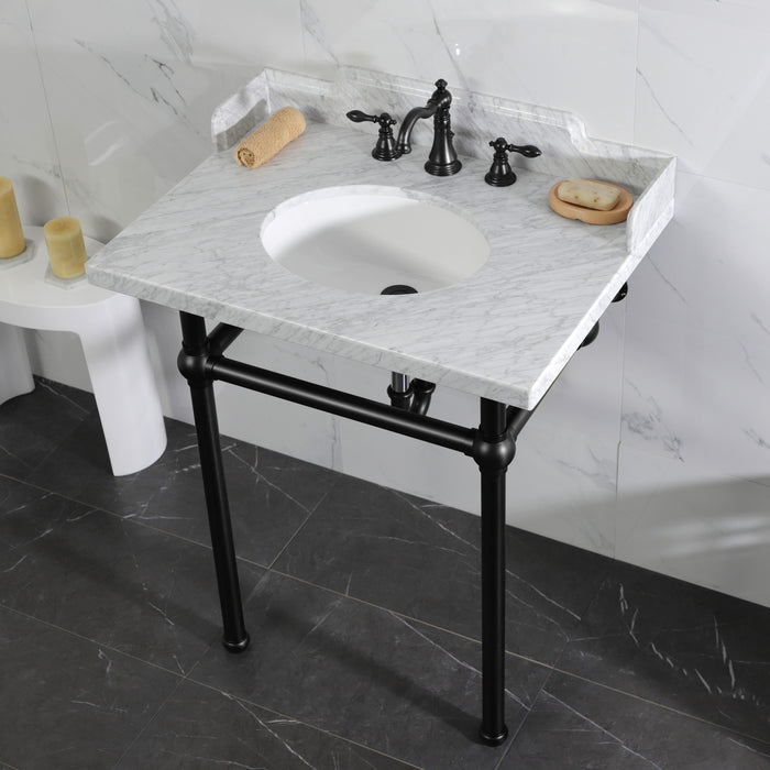 Kingston Heirloom LMS30MB0 - Pemberton 30-Inch Carrara Marble Console Sink with Brass Legs (8-Inch, 3-Hole), Carrara Marble White/Matte Black
