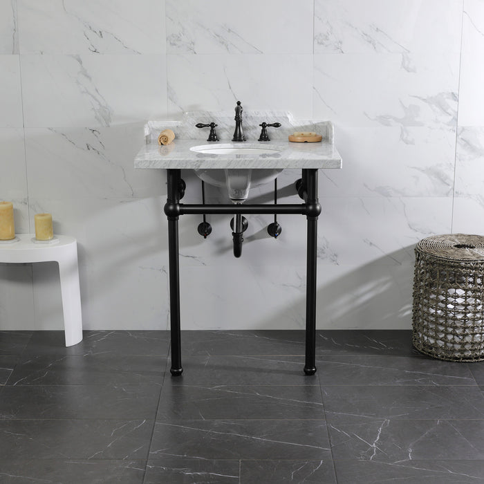 Kingston Heirloom LMS30MB0 - Pemberton 30-Inch Carrara Marble Console Sink with Brass Legs (8-Inch, 3-Hole), Carrara Marble White/Matte Black