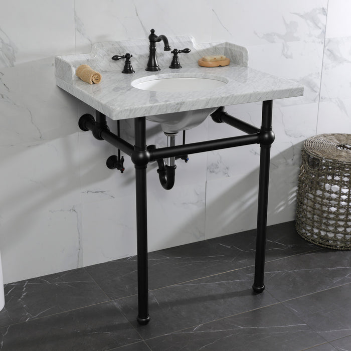 Kingston Heirloom LMS30MB0 - Pemberton 30-Inch Carrara Marble Console Sink with Brass Legs (8-Inch, 3-Hole), Carrara Marble White/Matte Black