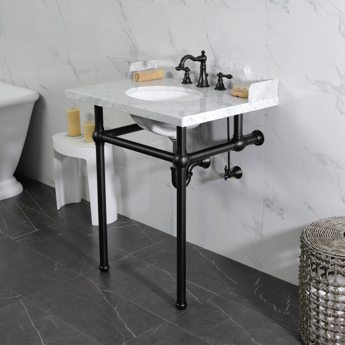 Kingston Heirloom LMS30MB0 - Pemberton 30-Inch Carrara Marble Console Sink with Brass Legs (8-Inch, 3-Hole), Carrara Marble White/Matte Black