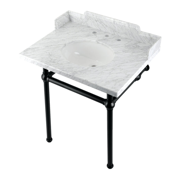 Kingston Heirloom LMS30MB0 - Pemberton 30-Inch Carrara Marble Console Sink with Brass Legs (8-Inch, 3-Hole), Carrara Marble White/Matte Black