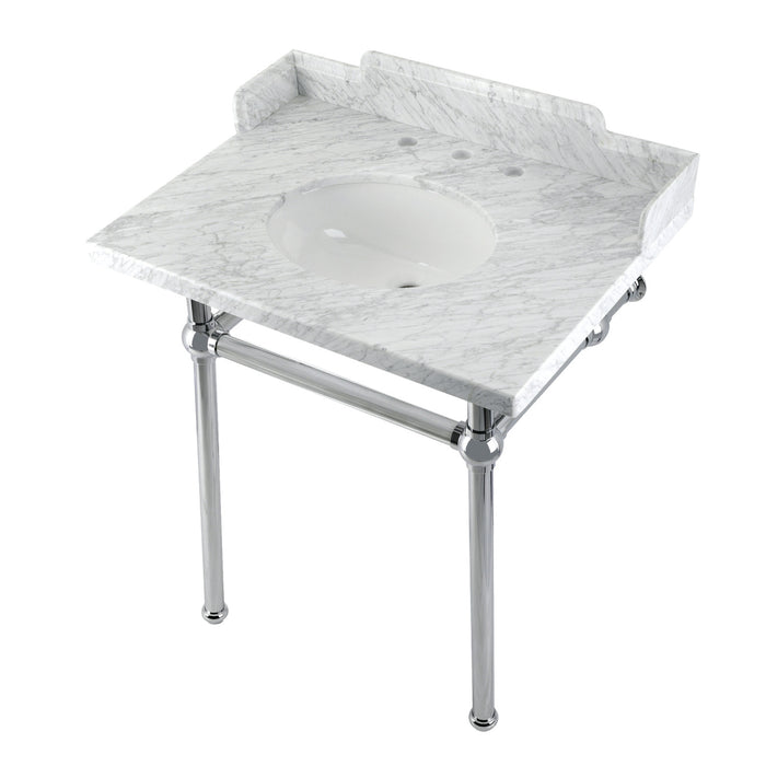 Kingston Heirloom LMS30MB1 - Pemberton 30-Inch Carrara Marble Console Sink with Brass Legs (8-Inch, 3-Hole), Carrara Marble White/Polished Chrome