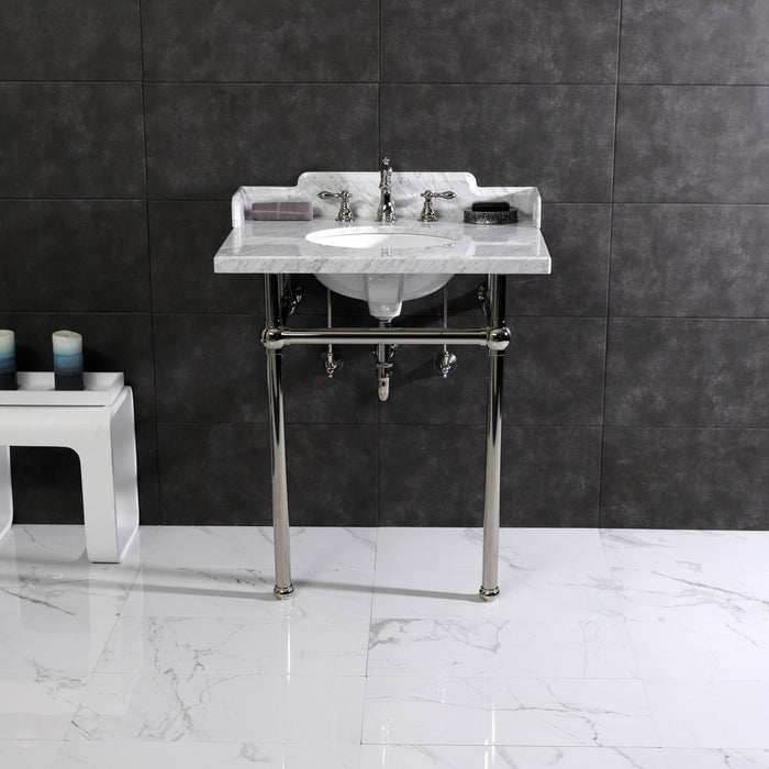 Kingston Heirloom LMS30MB6 - Pemberton 30-Inch Carrara Marble Console Sink with Brass Legs (8-Inch, 3-Hole), Carrara Marble White/Polished Nickel
