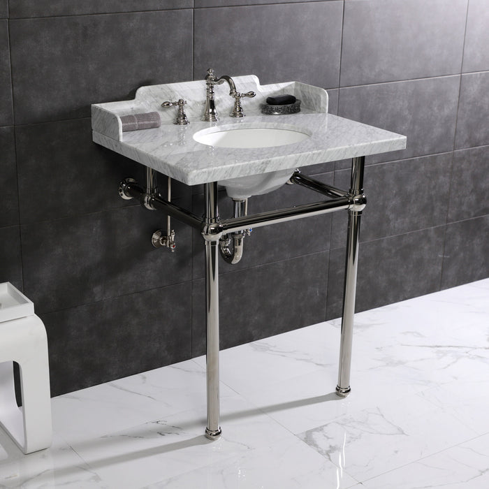 Kingston Heirloom LMS30MB6 - Pemberton 30-Inch Carrara Marble Console Sink with Brass Legs (8-Inch, 3-Hole), Carrara Marble White/Polished Nickel
